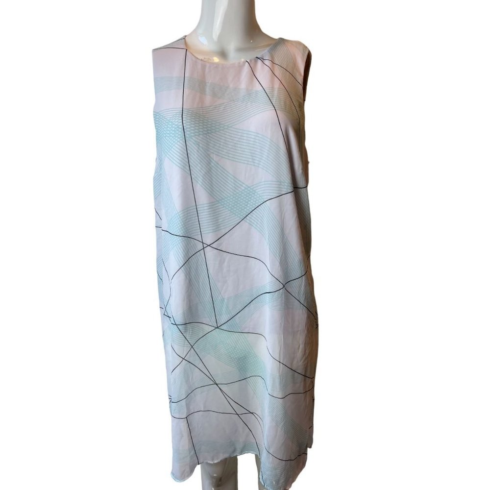 Alfani Women Angle Line Print Overlay Tunic Shift Dress Sleeveless Blue White 10